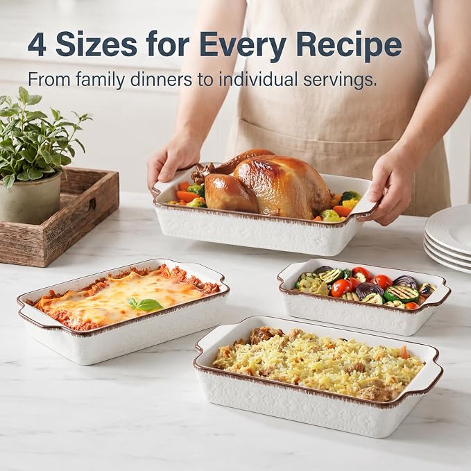 ONEMORE Casserole Dishes for Oven, Ceramic Baking Dish Set of 4, Non-Stick Lasagna Pans with Handles, Rectangular Bakeware Set for Cake, Roasting, Broiling, Gratin, Banquet, Microwave & Dishwasher Safe(3.8/2.6/1.7/1.1 Qt) (White 01)