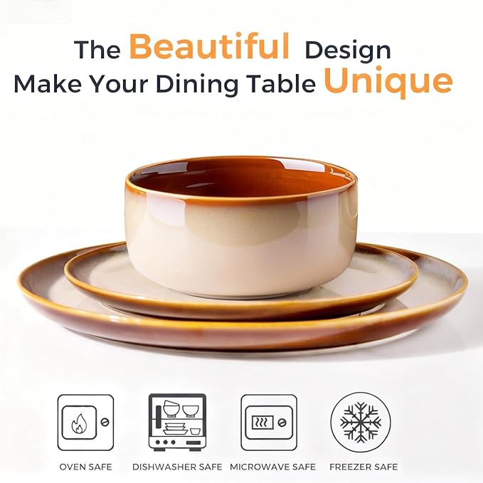 LeRatio Ceramic Dinnerware Sets for 4,12-Piece Plates and Bowls,Handmade Reactive Glaze Dishes Set,Chip Resistant and Scratch Resistant | Oven Dishwasher & Microwave Safe,Service for 4-Kahki
