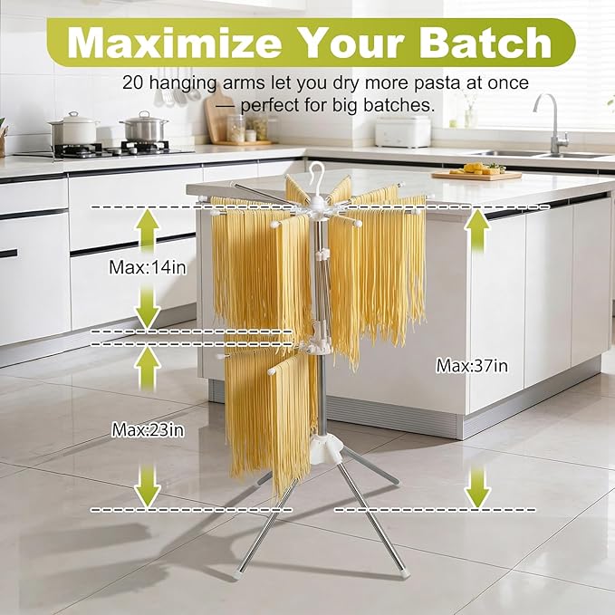 Pasta Drying Rack, 20-Rod Double Layer Large Capacity Pasta Dryer, 304 Stainless Steel 360° Rotating Foldable Noodle Stand for Homemade Spaghetti, Fettuccine, Family Pasta Night