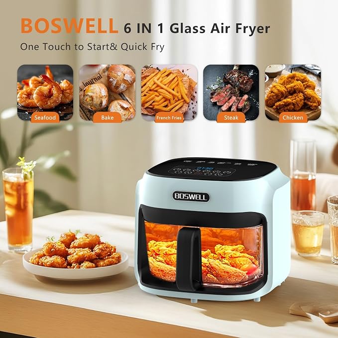 7.5 QT Glass Air Fryer, Transparent Fry Bowl, Circulating Heating & Temperature Control, Stainless Steel Interior, Dishwasher Safe, Green