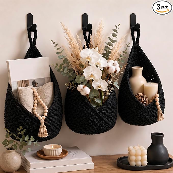 Honeydak Boho Decor Hanging Wall Baskets for Kitchen 3 Pack Teardrop Baskets with Hooks Storage Fruit Onion Vegetable Potato for Home 3 Sizes(Black,Triangle,Cotton Rope)