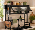 Over the Sink Dish Drying Rack, Black, Carbon Steel, 25.98 x 11.42 x 32.28 in, with Utensil Holder, Knife Rack, Storage Basket, Cutting Board Holder