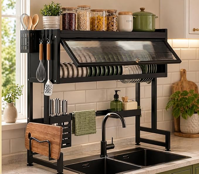 Over the Sink Dish Drying Rack, Black, Carbon Steel, 25.98 x 11.42 x 32.28 in, with Utensil Holder, Knife Rack, Storage Basket, Cutting Board Holder