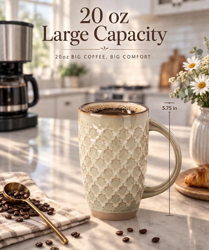 GBhome 20oz Large Coffee Mugs Set of 6, Handmade Tall Ceramic Coffee Mugs with Texture Patterns for Cappuccino, Latte,Hot Cocoa, Dishwasher & Microwave Safe-Pale Khaki