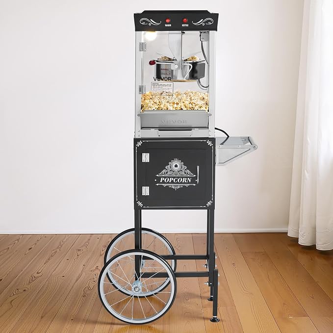 VEVOR Popcorn Machine with Cart, 8oz Stainless Steel Kettle, 800W Commercial Popcorn Maker, 48 Cups per Batch Theater Style Popper, with 2-Button Control Glass Wall PC Door 1 Scoop 3 Spoons, Black