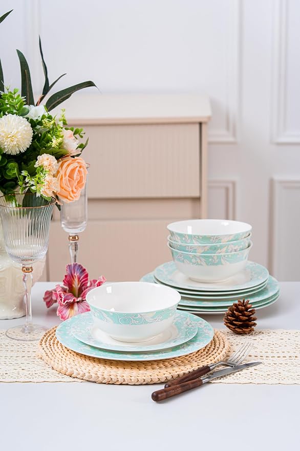 FHGNYSM 12-Piece Ceramic Dinnerware Set, Light Green | Plates and Bowls, Chip and Scratch Resistant, Microwave Safe, Dishwasher Safe, Home Restaurant Use
