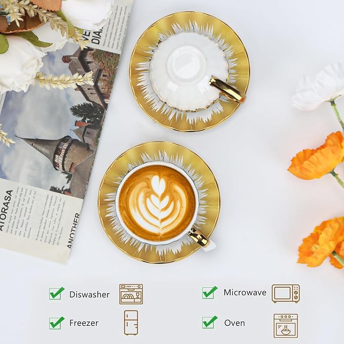 6 Pack 100ml Espresso Coffee Cups with Saucers, White Porcelain with Gold Electroplated Brushstroke Rim, Pumpkin Textured Ceramic Tea Cup Set for Cappuccino, Latte, Tea, Juice, Home & Party Use