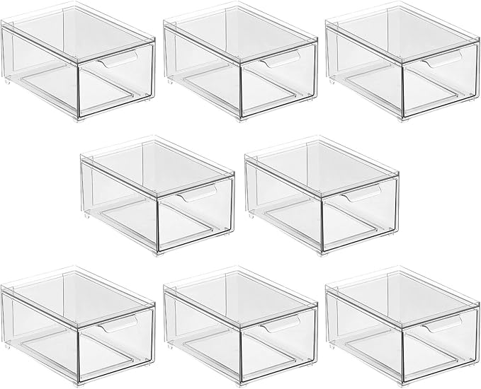 mDesign Plastic Bathroom Organizer Bin w/Pull Out Drawer - Slim Stackable Storage Container for Bathroom Accessories - Perfect for Organizing Bathroom Cabinet - Lumiere Collection - 8 Pack - Clear