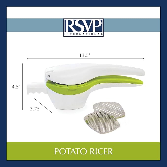 RSVP International (SPUD) Potato Ricer, White/Green | Mash Potatoes, Fruits, Vegetables & More | Includes Medium & Coarse Plates | Pot Resting Extension | Dishwasher Safe