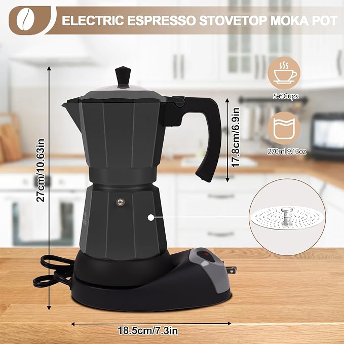 Aluminum Electric Moka Pot 3-6 Cup 270ml Express Coffee Maker Stovetop Espresso Portable Coffeemaker Italian Classic Brewing Greca Cafe Mocha with Removable Base and Overheating Protection Machine