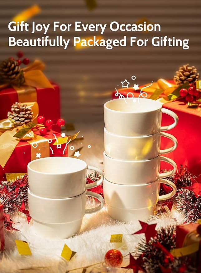 Sweese Porcelain Espresso Cups Set of 6 - Stackable 10 Ounce Espresso Coffee Mugs for Cappuccino, Mocha, Tea - Dishwasher Friendly – Ideal for Home and Café, White