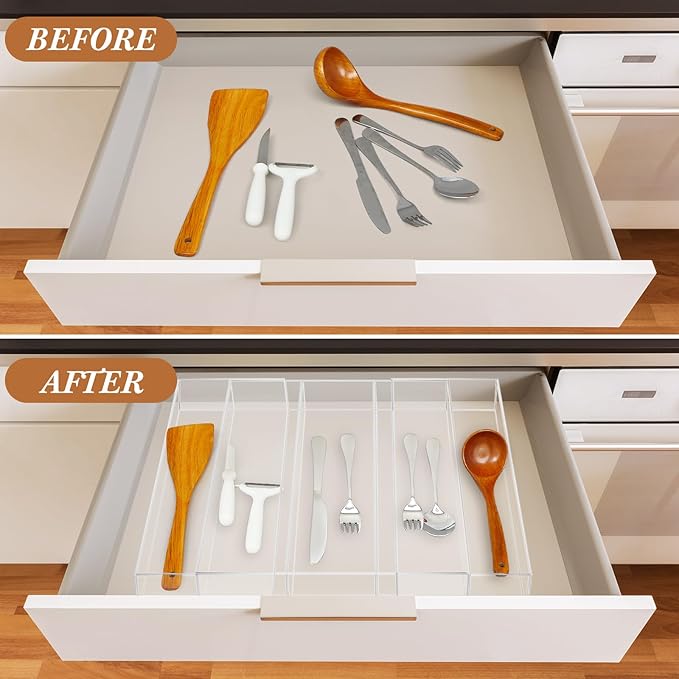 Teenyyou 1 Pack Expandable Kitchen Drawer Organizer Clear Acrylic Utensil Organizer Adjustable Acrylic Silverware Storage for Drawers Silverware Flatware Knives (12 x 16 Inches,3-5 Compartments)