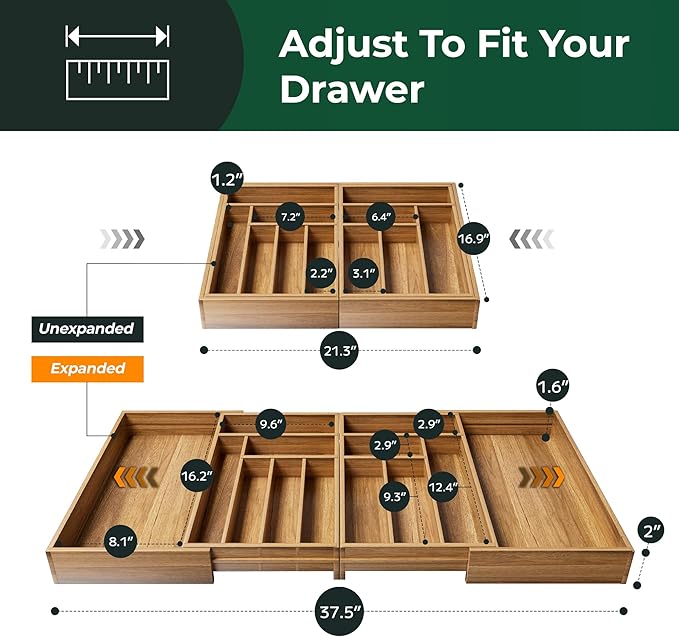 Large Silverware Organizer, 13 Slots Magnetic Connected Expandable Bamboo Utensil Drawer Organizer From 21 to 37.4 Inches, Adjustable Flatware and Cutlery Holder, Utensil Tray for Kitchen Natural
