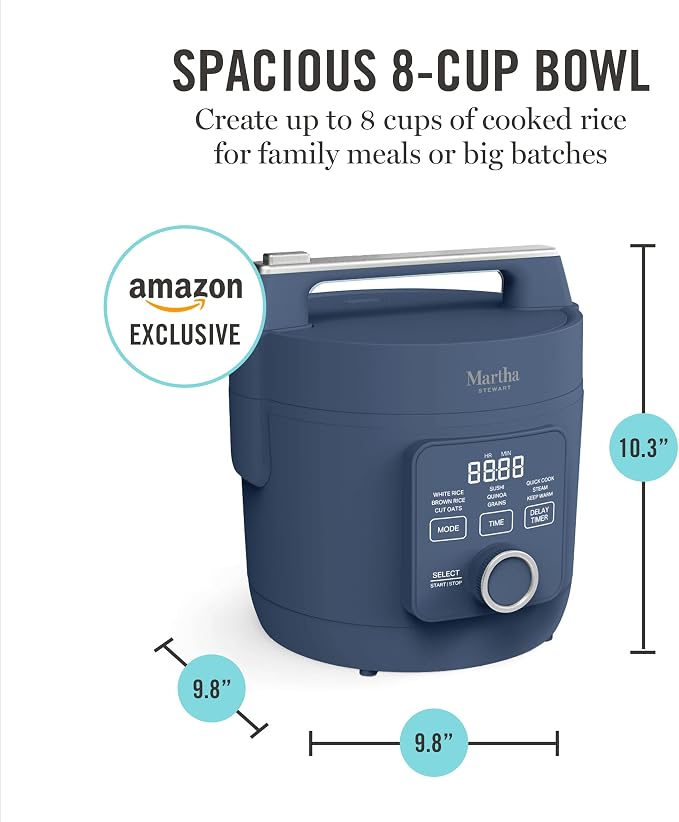 Martha Stewart Rice Cooker, 4 Cup (Uncooked) / 8 Cup (Cooked), Ceramic Non-Stick Removable Pot, Keep Warm, Measure Markings, Steam Basket, Brown & Sushi Rice, Quick Cook, Quinoa, Grains, Oats, Indigo Blue