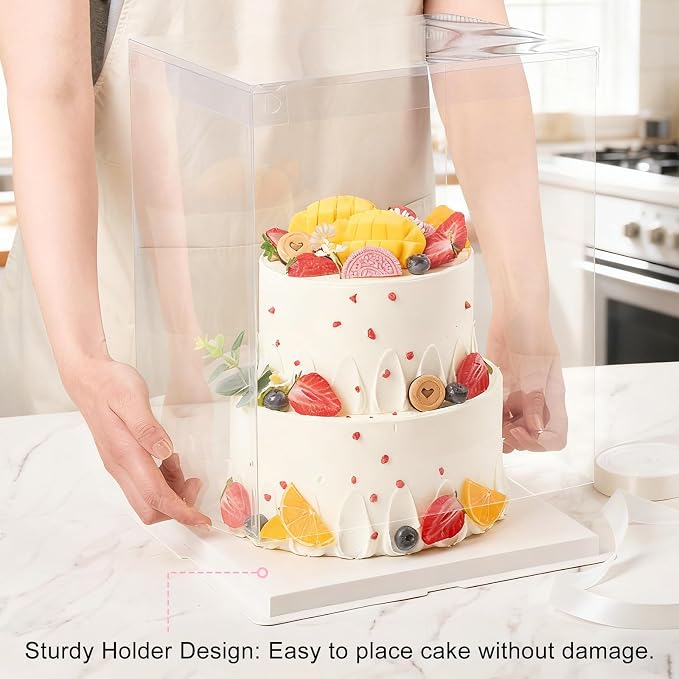 Ocmoiy 10x10x12Inch Clear Cake Box, 5 Pcs Tall Cake Boxes with Ribbon, Treat Transport Boxes for Wedding, Birthday, Party