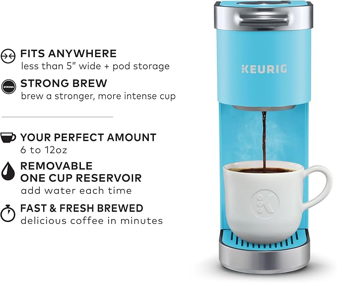 Keurig K-Mini Plus Single Serve K-Cup Pod Coffee Maker, with 6 to 12oz Brew Size, Stores up to 9 K-Cup Pods, Travel Mug Friendly, Cool Aqua
