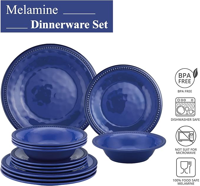 UPware 12 Piece Beaded Melamine Dinnerware Sets, Outdoor Dishes Set, Plates and Bowls Sets, Service for 4, Indigo Blue