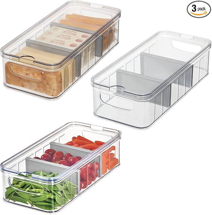 iDesign Large Fridge Organizer Bin with Removable Divider and Lid - Set of 3 - Clear/Gray