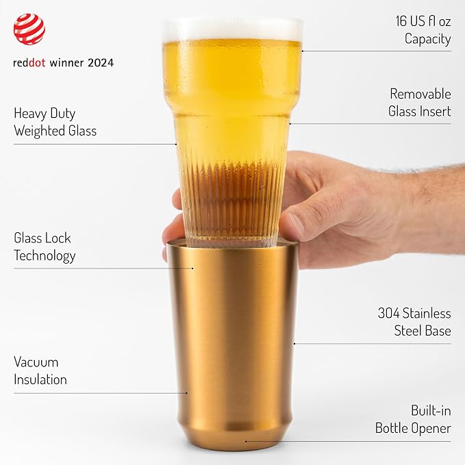 Elevated Craft Hybrid Vacuum Insulated Stainless Steel Base with Removable Pint Glass Insert, Ideal Insulation for Beers & Cold Beverages with Built-in Bottle Opener, Durable & Stylish, Copper (16 oz)