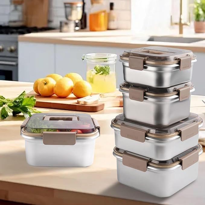 Thickened 304 Stainless Steel Food Storage Containers - Multi-Size, Portable Sealed Lid, Leakproof & Stackable, Microwave/Freezer Safe for Kitchen/Outdoor Use (2200+3800ML)