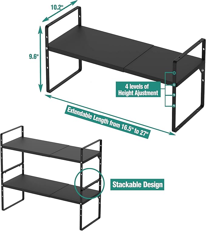 SUZLON Expandable Metal Shelf, 4-Tier Heavy Duty Kitchen Counter Shelf Organizer, Adjustable Shelf for Cabinet, Pantry, Countertop, 80lbs Capacity
