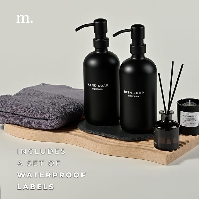MaisoNovo Soap Dispenser 3 Piece Set - 16.9oz Black Bottles with Black Stainless Steel Pump Core