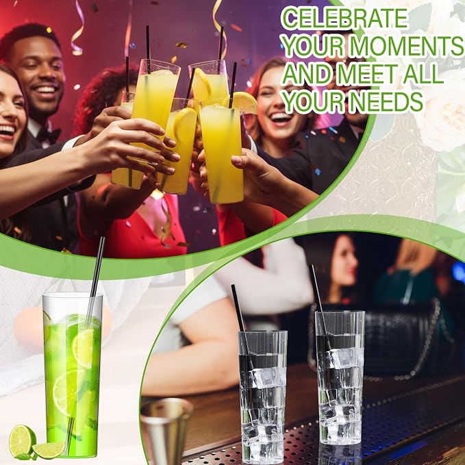 Plastic Highball Glasses with Straws(Set of 96), 9 oz Shatterproof Drinking Cups, Tall Whiskey Collins Glass with Straws, Smoothie Tumbler Mojito Cocktail Cups for Wedding Fall Xmas Party