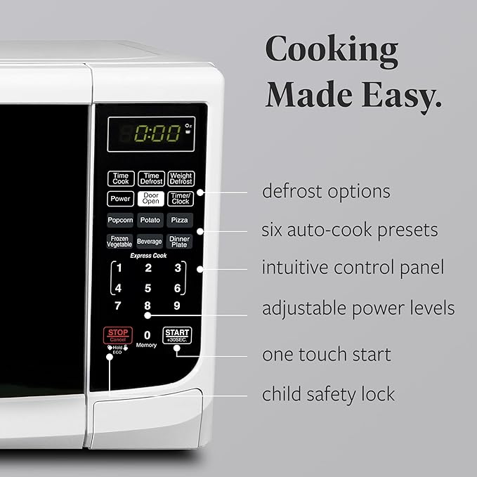 Farberware 0.7 Cu. Ft. Countertop Microwave Oven – 700 Watts Power, Auto Cook Settings, Defrost, Easy Clean and Child Safety Lock - White
