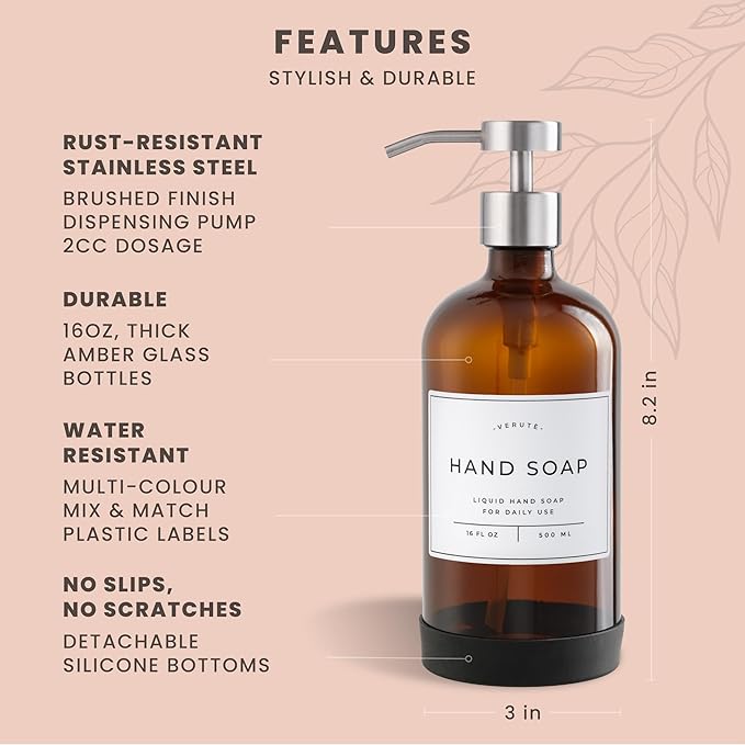 Hand and Dish Soap Dispenser for Kitchen and Bathroom, Set of 2 16 Oz Glass Bottles, Stainless Steel Pumps, Non-Slip Silicone Base, 27 Waterproof Labels (Amber Bottle/Brushed Silver Pump)