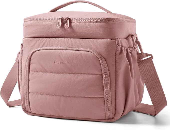 BAGSMART Puffy Insulated Lunch Bag, Lightweight Large 14L Double Deck Lunch Box for Women, Soft Cooler Tote for Office Work Travel Camping with Stretch Side Pockets Fits 40 oz Bottle, Dark Pink