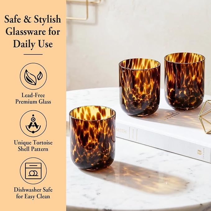 Tortoise Shell Drinking Glasses Set of 4, Brown Decorative Tortoise Shell Tumbler Cups for Wine & Drinks，Drinking Glasses for Wedding Gifts, Housewarming, Cocktail Party (6, 10oz)