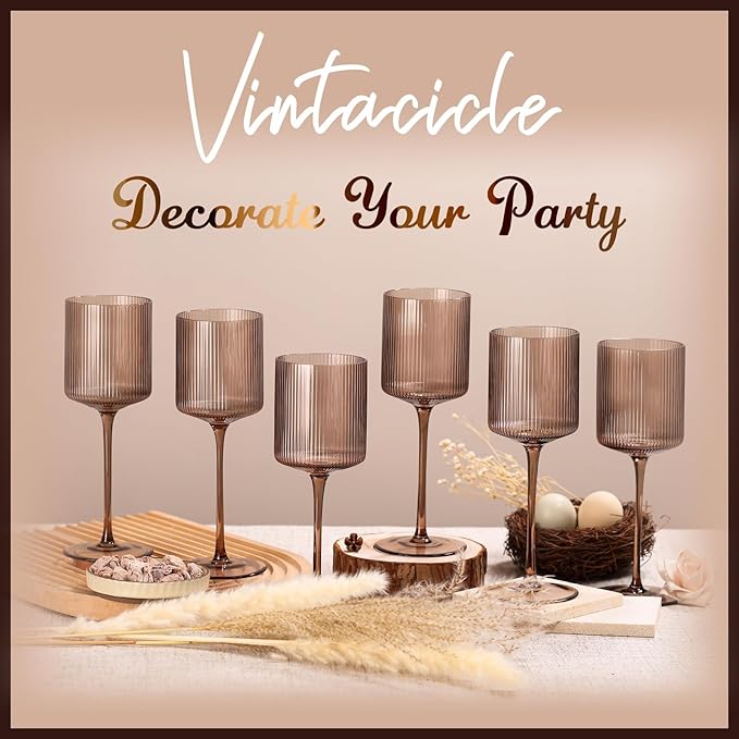 Smokey Gray Square Wine Glasses Set of 6, Elegant Ribbed Design Colored Crystal Glassware with Long Stem, 11.5oz Hand Blown Stemware For Red & White Wine Home Bar Party
