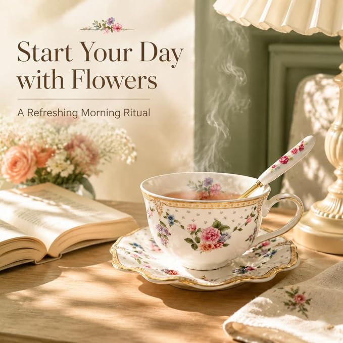 Noviko 7 oz Floral Tea Cups and Saucers Set Fancy Teacup for Women and Tea Parties