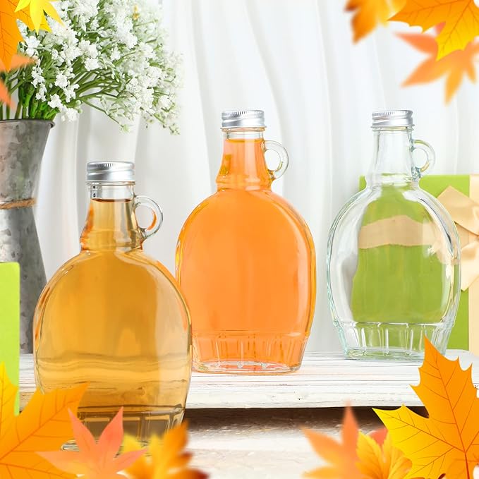 meekoo 24 Pieces 8 oz Glass Syrup Bottles with Aluminum Lid and Loop Handle Glass Maple Syrup Jars Container with 4 Funnels for Potion Juice Milk Storage Gift Sauce Oil