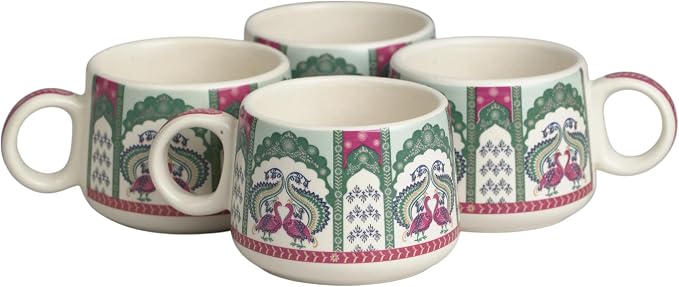 Servo Best Handmade Cermaic Tea Cup Set of 4-5 Oz Small Cups for Espresso, Cappuccino, Tea, Chai – Dishwasher & Microwave Safe – Gift Set for Coffee Lovers, Kitchen, Home, Office - Peacock Design