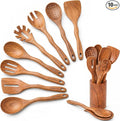 Kitchen 10PCS Teak Wooden Utensils Set With Holder and Spoon Rest | Non-stick, Easy to Clean, Durable, Smooth with Comfort Grip Wooden Spoons for Cooking - Non Toxic Wooden Cooking Utensil