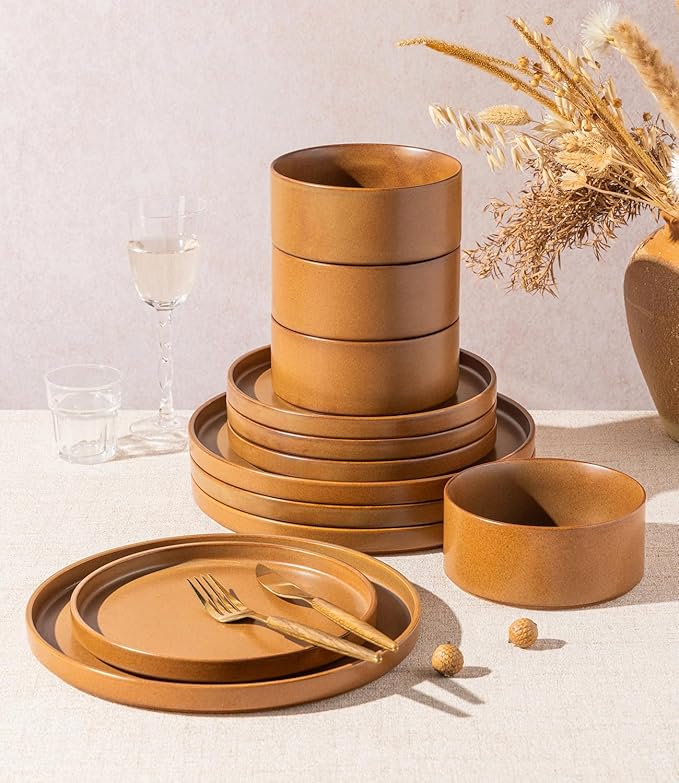 LERATIO Ceramic Dinnerware Sets for 6, High Edge Stoneware Plates and Bowls Set, Chip and Crack Resistant | Oven & Dishwasher & Microwave Safe Dishes Set, Service for 6