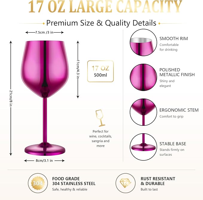 UNISWEET Stainless Steel Wine Glasses Set of 4 Unbreakable Wine Glass 18 oz Unique Metal Wine Goblets for Outdoor, Travel, Camping, Pool, Ideal Gift for Wine Lovers (Purple)