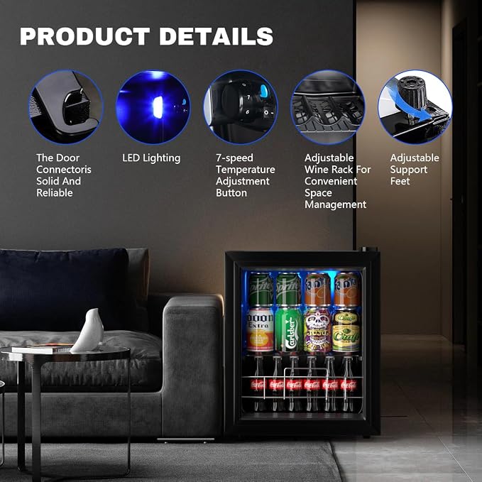 Small Mini Fridge Freestanding Beverage Cooler 75 Can Beverage Refrigerator, Wine Cooler Refrigerator with Adjustable Shelving Glass Door for Beer Soda or Wine Perfect Office Home or Bar Black