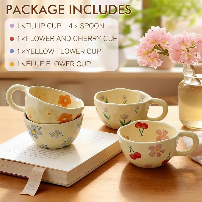 Kawlity 4 Styles Vintage Flower Mugs, 8oz Ceramic Coffee Mug Set with Spoon, Aesthetic Floral Cute Tea Cups with Handles, Porcelain Floral Mugs for Coffee Milk Juice Slushies Oats