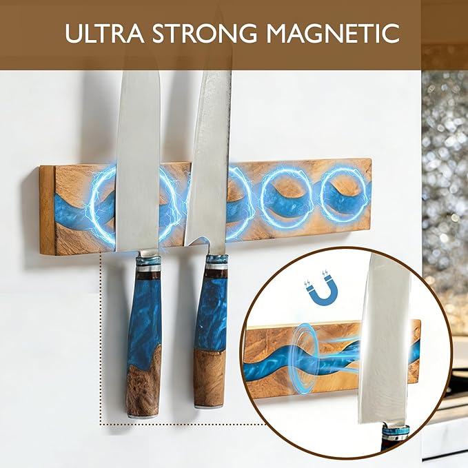Magnetic Knife Holder, 15.7 Inch Walnut Wood and Resin Magnetic Knife Bar for Wall, Heavy Duty Magnet Holds 8 Knives, Handcrafted Ocean Blue (Ocean's Embrace)