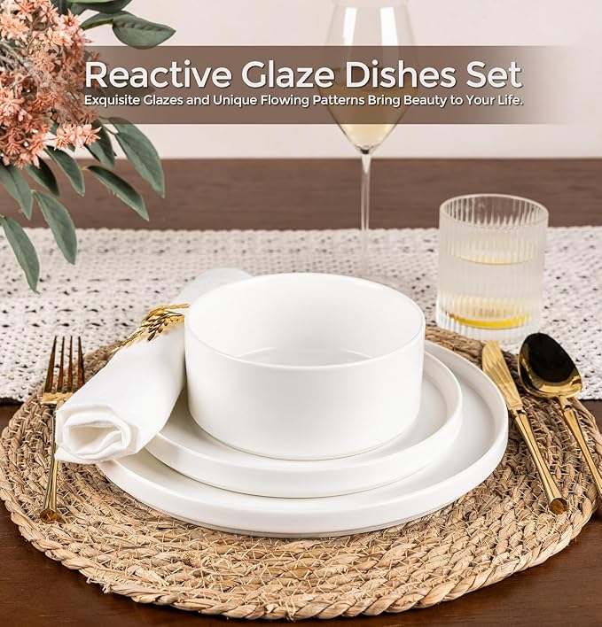 GBHOME Ceramic Dinnerware Sets of 4,Stoneware Plates and Bowls Sets,Chip and Crack Resistant | Dishwasher & Microwave Safe Dishes Set,Scratch Resistant- Service for 4 (12pc)-White