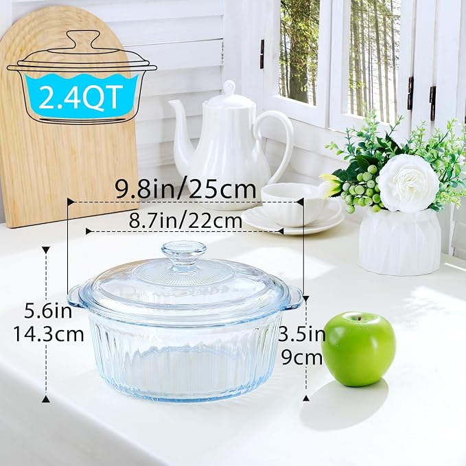NUTRIUPS Glass Casserole Dish with Glass Lid, Borosilicate Glass,Casserole Dish for Oven, Baking Dish with Lid (2.4QT-ear)