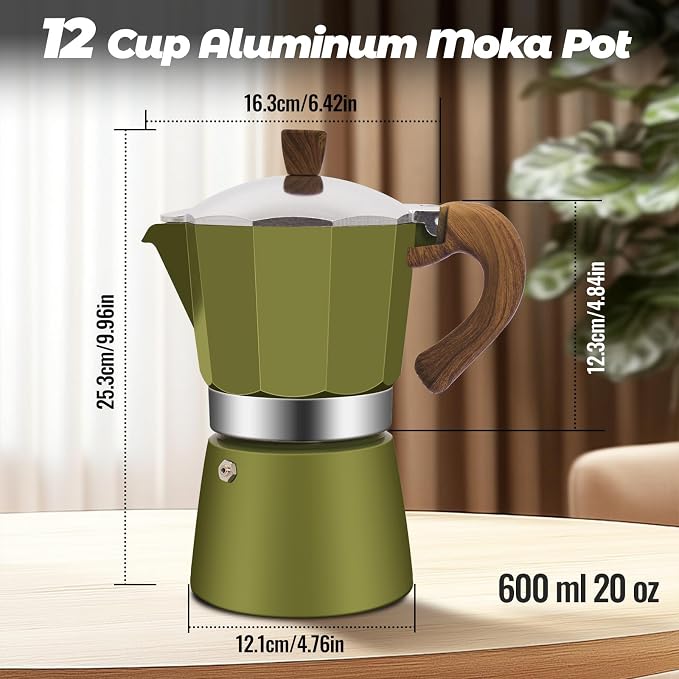 12 Cup Aluminum Moka Pot Classic Stovetop Espresso Coffee Maker 600ml 20oz Coffeemaker Percolator Mocha Pot Greca Coffee Maker Cafe Makers for Italian and Cuban Café Brewing Green