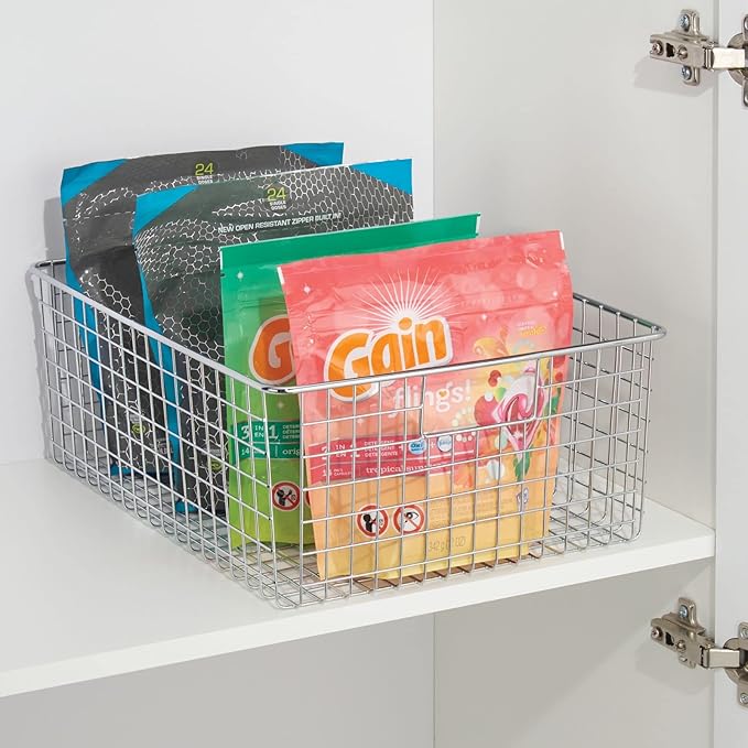 mDesign Metal Wire Food Storage Basket Organizer with Handles for Organizing Kitchen Cabinets, Pantry Shelf, Bathroom, Laundry Room, Closets, Garage - Concerto Collection - 2 Pack - Chrome