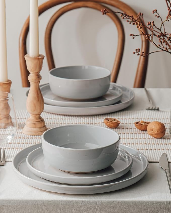 Famiware Milkyway Stoneware Dinnerware Sets with Mugs, Service for 6 (24 Pieces), Plates and Bowls Sets -Scratch Resistant, Microwave and Dishwasher Safe Dishes Set, Light Gray