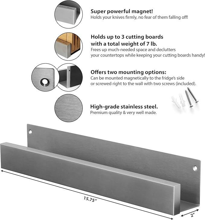 Demi's Home Knife Magnetic Strip & Cutting Board Holder for Wall or Fridge - 16 inch - (Supplies Not Included) - Magnetic Cutting Board & Knife Holder for Fridge or Wall
