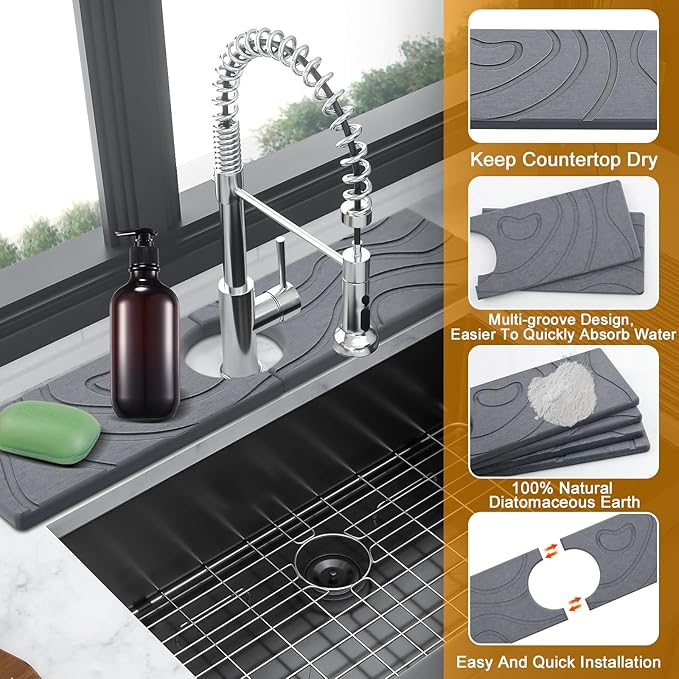 2-Pack Faucet Mat for Kitchen Sink, Diatomite Quick Drying Stone Mat, Splash Guard & Drip Catcher for Faucet Bathroom Counter - Dark Grey (15.7"x4")