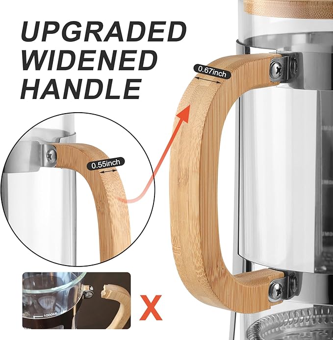 Sivaphe Moka Pot Stainless Steel 6 Cup and French Press Coffee/Tea Maker 34 oz with Bamboo Lid and Hand High Borosilicate Glass 1000ml Coffee Brewer Set