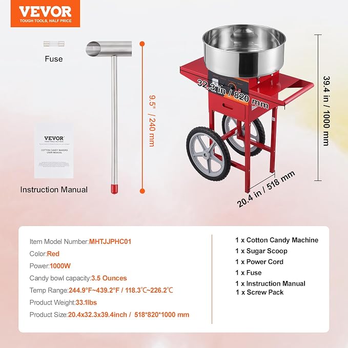 VEVOR Electric Cotton Candy Machine Cart, 1000W Commercial Floss Maker w/Stainless Steel Bowl, Sugar Scoop and Drawer, Perfect for Home, Carnival, Kids Birthday, Family Party, Red